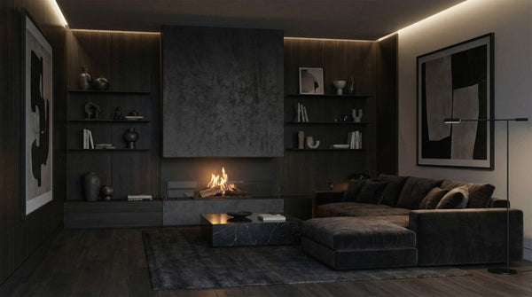Modern living room with a fireplace, dark walls, and minimal decor.