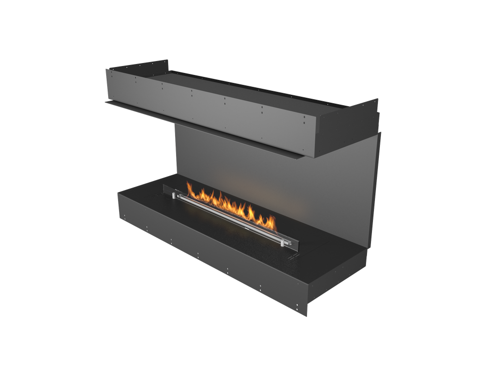 Modern black fireplace with flames on a white background