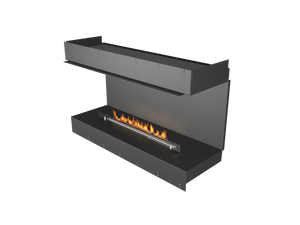 Modern black fireplace with flames on a white background