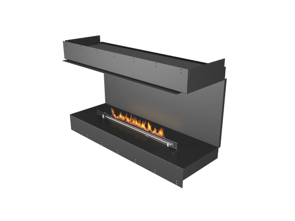 Modern black fireplace with flames on a white background