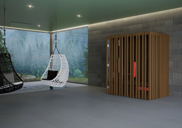 Modern interior with a hanging chair and wooden cabinet.