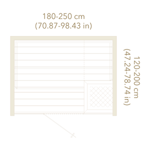 Window blind with dimensions indicated in centimeters and inches