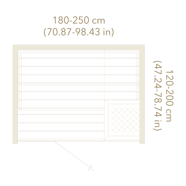 Window blind with dimensions indicated in centimeters and inches