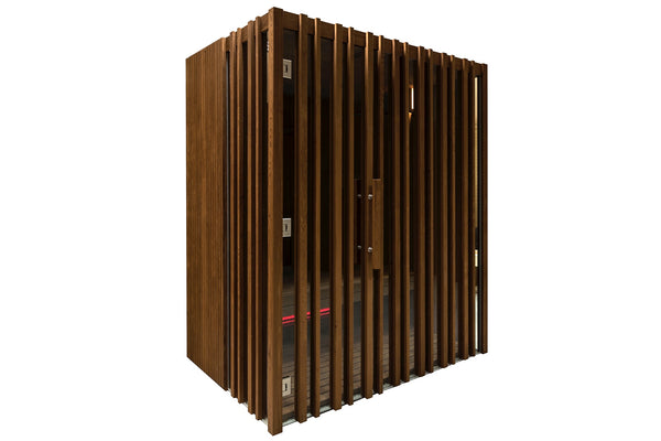 Wooden soundproof booth with slatted design on a white background