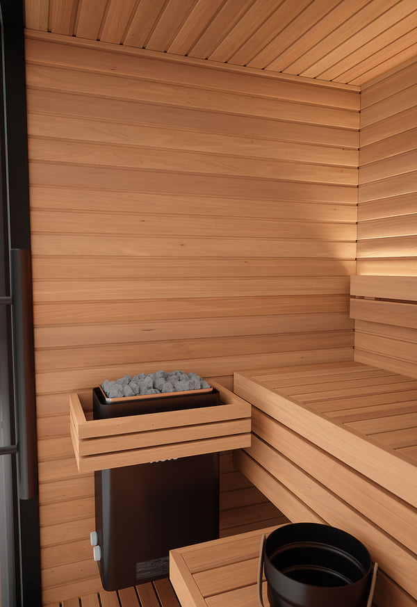 Wooden sauna interior with a bench and small table.