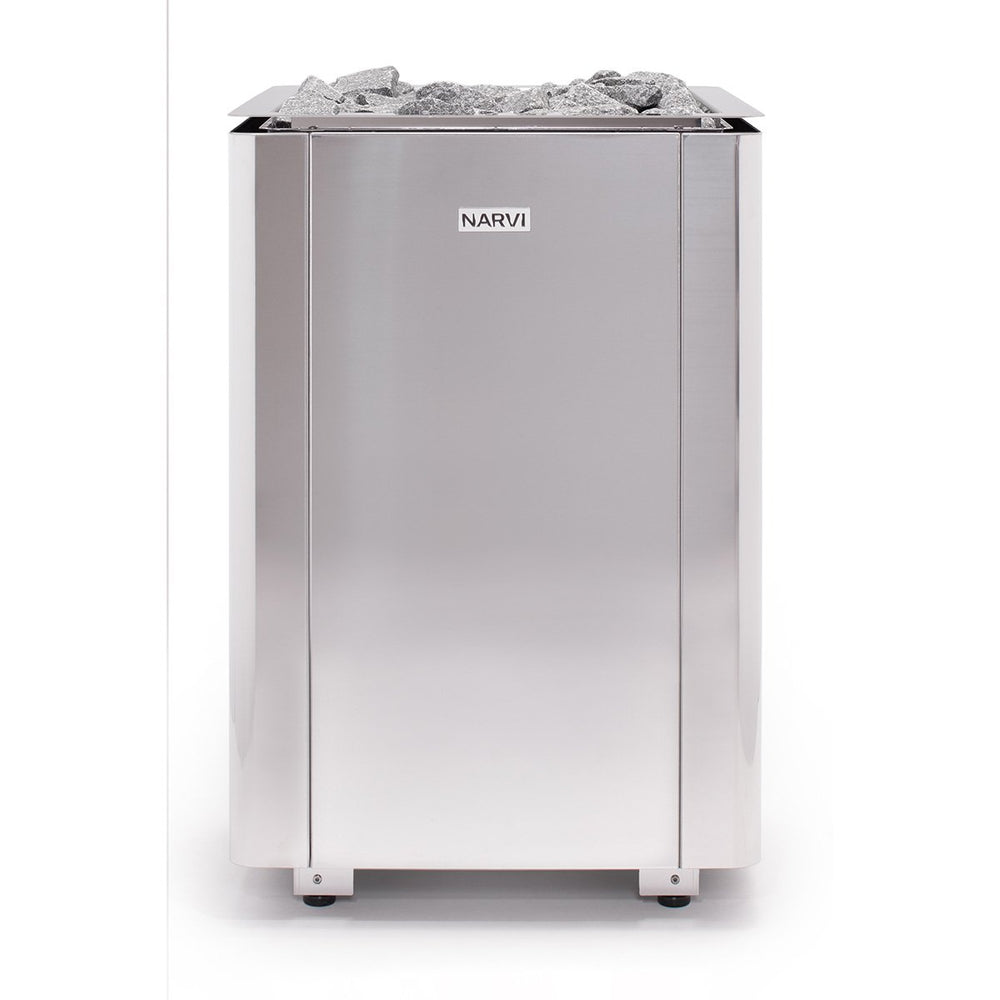 White Electric Sauna Heater with rocks on top and 'NARVI' branding on a white background