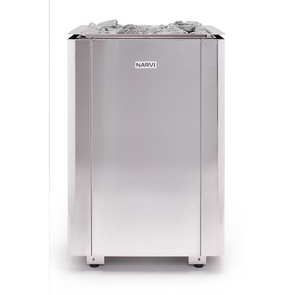 White Electric Sauna Heater with rocks on top and 'NARVI' branding on a white background