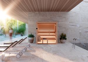 Intricate wooden sauna with lounge chairs and plants in a sunlit outdoor setting