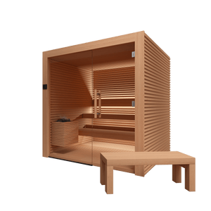 Wooden sauna with bench on a black background