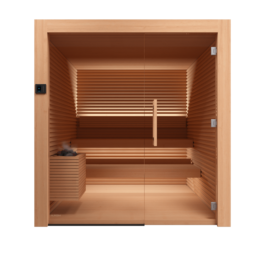 Wooden sauna with benches and a door on a black background