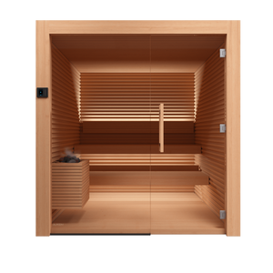 Wooden sauna with benches and a door on a black background