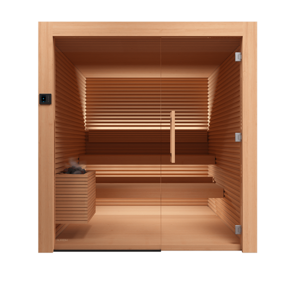 Wooden sauna with benches and a door on a black background