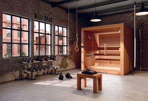 Wooden sauna room with large windows and exercise equipment in a modern setting