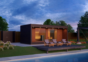 Wooden sauna with a glass door on a white background