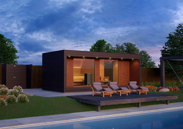 Wooden sauna with a glass door on a white background