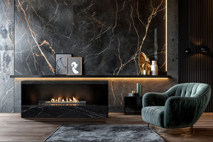 Modern living room with a marble fireplace and green armchair.
