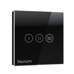 Black control panel with three circular buttons and 'Saunum' branding on a white background