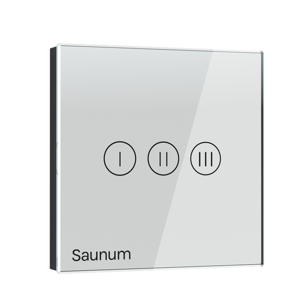 White electronic device with control icons and 'Saunum' branding on a white background