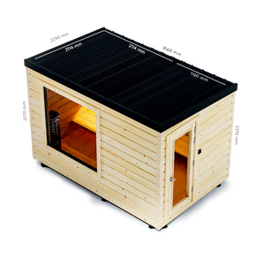 Wooden cabin with dimensions labeled on a transparent background