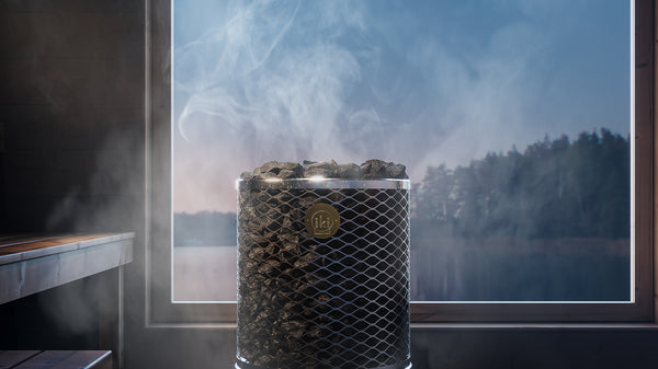 Wood burning sauna heater in a sauna 