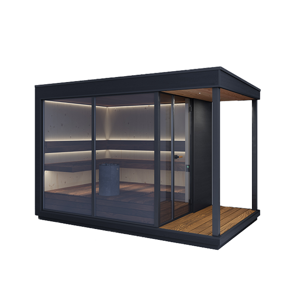 Modern outdoor cabin with glass walls and wooden floor on a white background