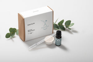 Eucalyptus essential oil set with box and eucalyptus leaves on a white background