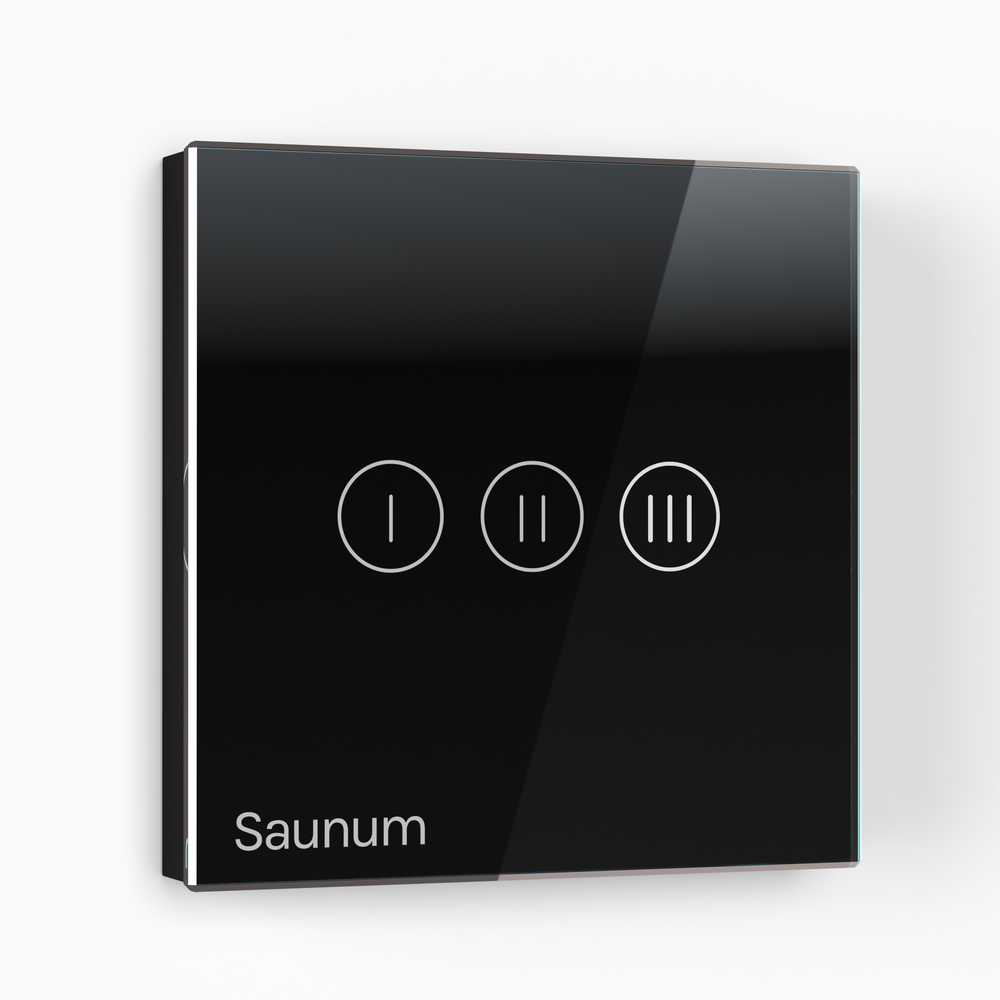 Black control panel with three circular buttons and 'Saunum' branding on a white background