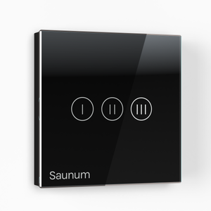 Black control panel with three circular buttons and 'Saunum' branding on a white background