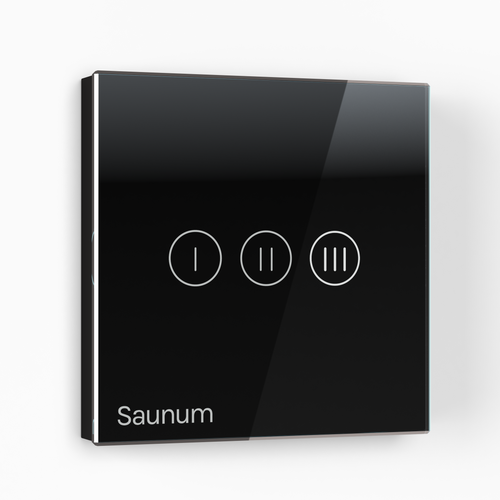 Black control panel with three circular buttons and 'Saunum' branding on a white background