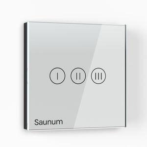 Control panel with three circular icons and 'Saunum' branding on a white background