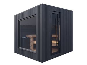 Black modular office pod with glass windows on a white background