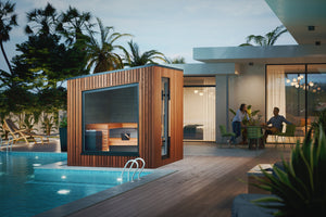 Modern outdoor living space with pool, wooden cabana, and people sitting on a patio.