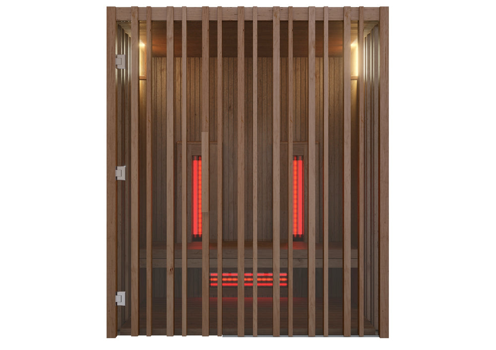 Infrared sauna with wooden panels and red lights on a white background