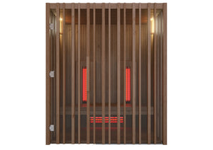 Infrared sauna with wooden panels and red lights on a white background
