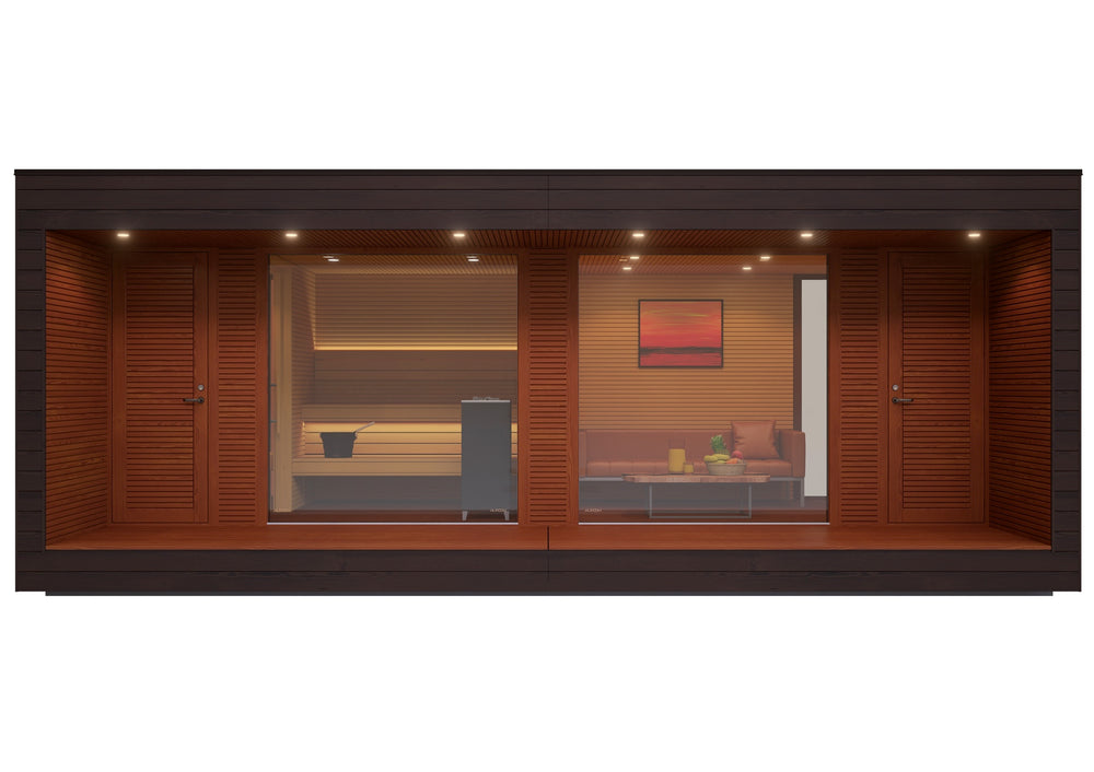 Wooden sauna with a glass door on a white background