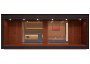 Wooden sauna with a glass door on a white background