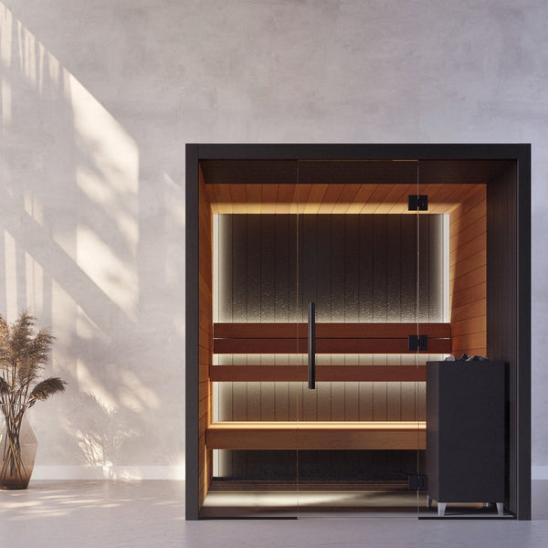 Modern interior with a wooden cabinet and decorative plant in a room with large windows.