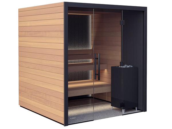 Wooden sauna with black interior and bench on a white background